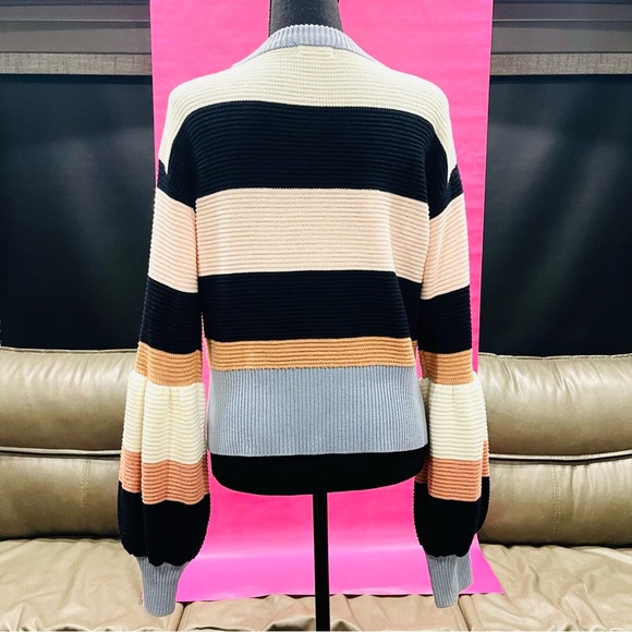 TCEC Chunky Striped Bubble Sleeve Navy Blue Pink Sweater Medium - Picture 5 of 8